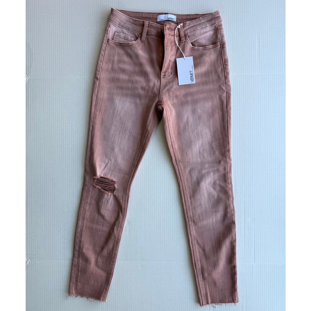 Vervet Denim High Rise Clean Cut Raw Hem Crop Skinny Jeans Muted Pink-Brown